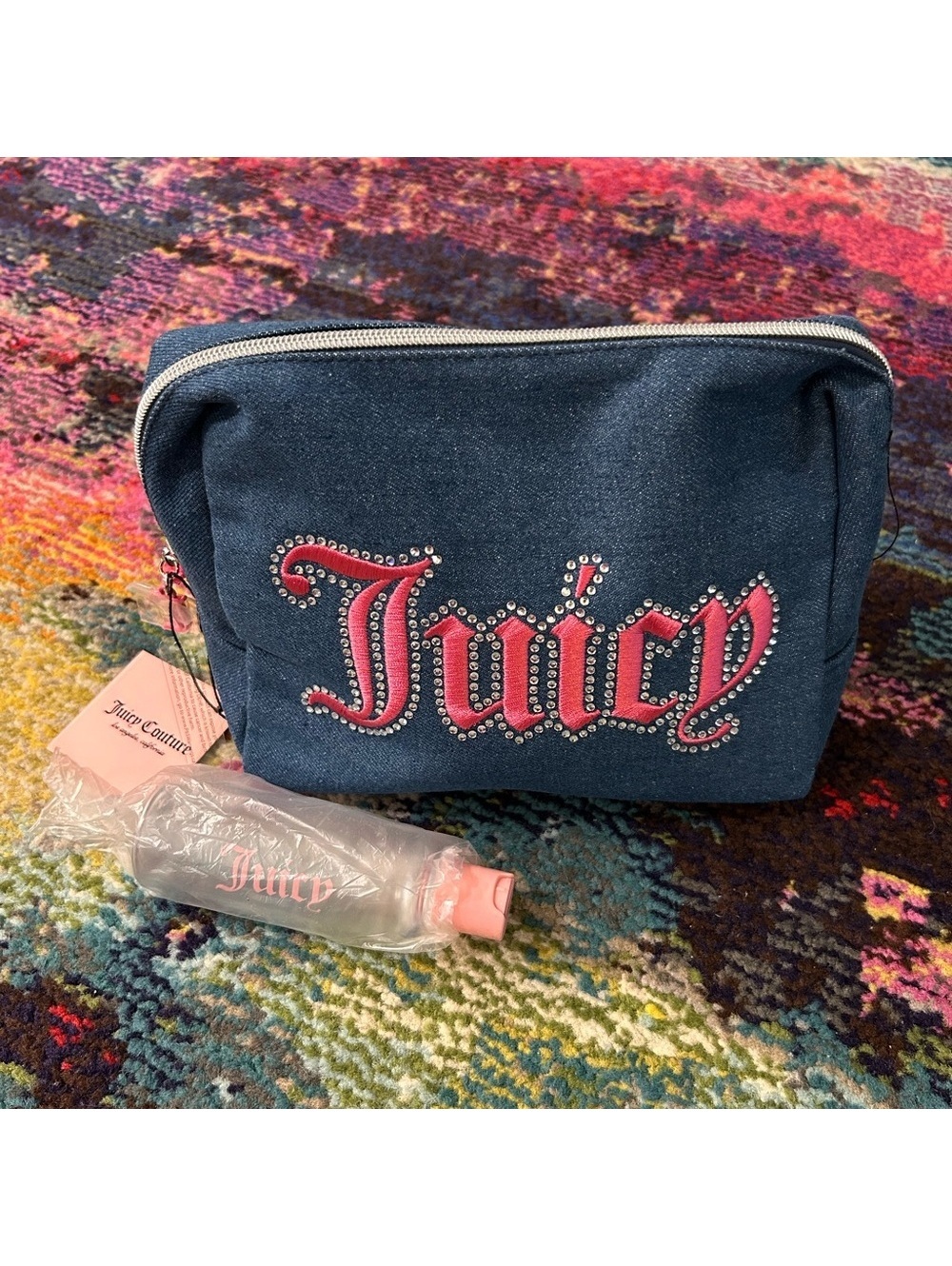 Juicy Couture Denim Pink Embroidered Cosmetic Bag & Toiletry Bottle NEW